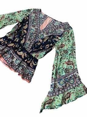 FREE PEOPLE Mint, Navy, Peach and Pink Paisley V-Neck Flowy SleevePeasant Blouse